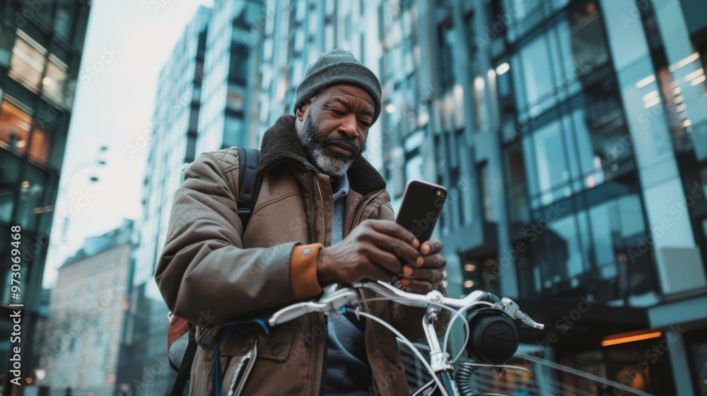 middle aged man looking at his cell phone on a public road on his bicycle middle aged man looking at his cell phone on a public road on his bicycle
