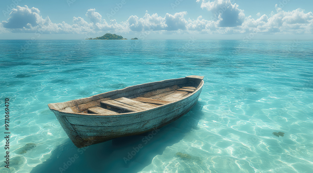 Naklejka premium the row boat in the green ocean water of a tropical island 