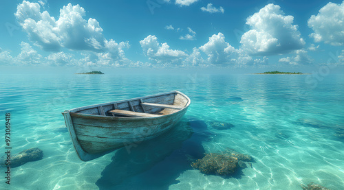 the row boat in the green ocean water of a tropical island 