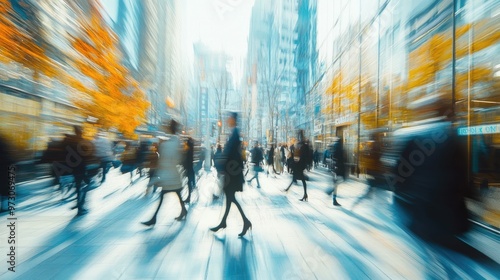 Dynamic city street scene with busy pedestrians and modern architecture photo