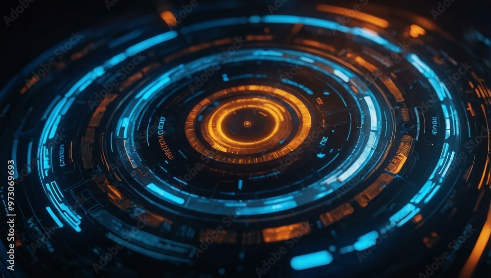 Futuristic circular interface with glowing blue and orange hues. Futuristic circular interface with glowing blue and orange hues.