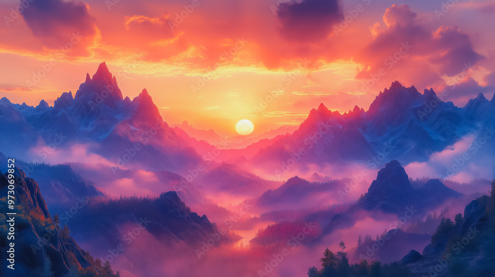 A beautiful mountain range with a large mountain in the background and a small mountain in the foreground. The sun is setting and the sky is a mix of pink and orange A beautiful mountain range with a large mountain in the background and a small mountain in the foreground. The sun is setting and the sky is a mix of pink and orange