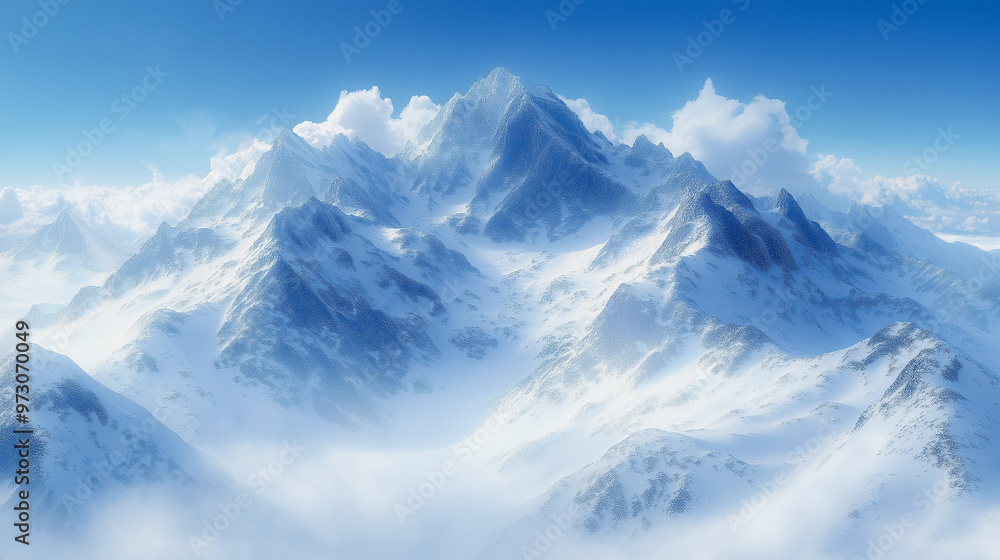 A mountain range covered in snow with a blue sky in the background. The mountains are tall and majestic, and the snow-covered peaks contrast beautifully with the clear blue sky A mountain range covered in snow with a blue sky in the background. The mountains are tall and majestic, and the snow-covered peaks contrast beautifully with the clear blue sky