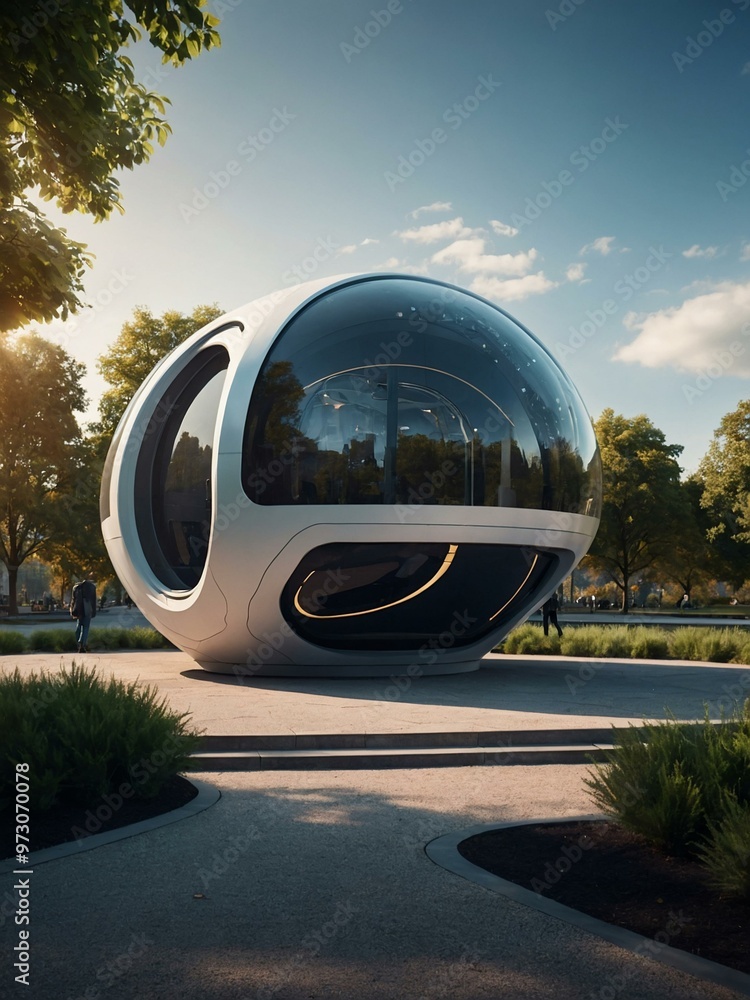Futuristic pod office in a city park with advanced tech Futuristic pod office in a city park with advanced tech