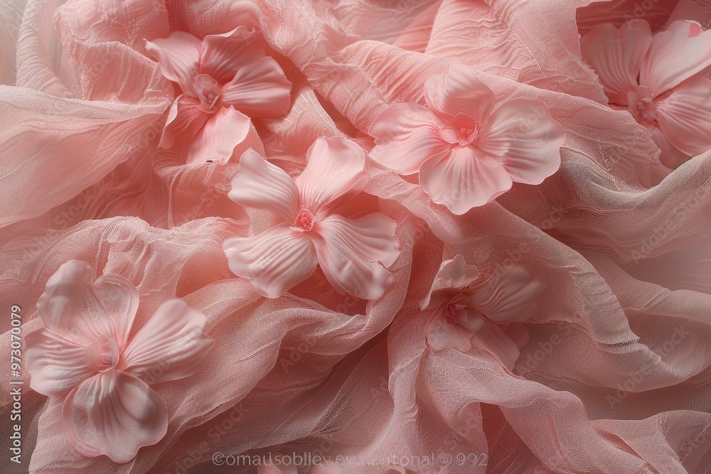 A gentle arrangement of soft pink flowers is scattered across flowing fabric, creating a harmonious and calming aesthetic perfect for relaxation or decoration. A gentle arrangement of soft pink flowers is scattered across flowing fabric, creating a harmonious and calming aesthetic perfect for relaxation or decoration.