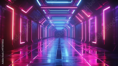 A futuristic corridor with glowing neon lights in pink and blue.