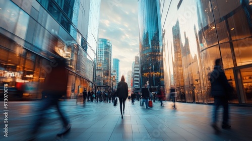 Dynamic city street scene with busy pedestrians and modern architecture