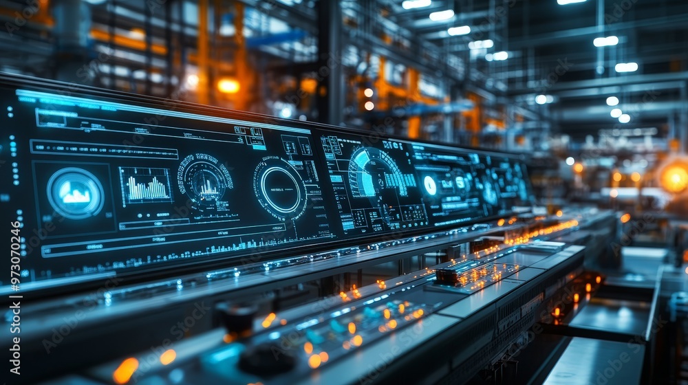 A factory's digital control room is filled with monitors displaying production data, quality metrics, and machine performance. A factory's digital control room is filled with monitors displaying production data, quality metrics, and machine performance.