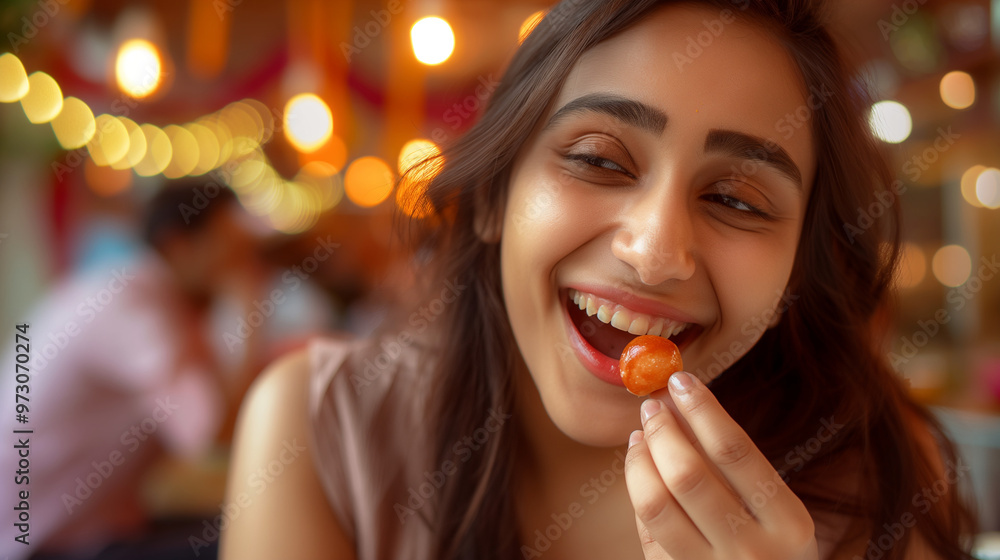 Smiling woman eating Gulab Jamun during Diwali celebration.