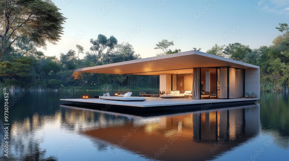 A floating pavilion design uses lightweight materials and innovative engineering to create a structure that appears to hover above the water A floating pavilion design uses lightweight materials and innovative engineering to create a structure that appears to hover above the water