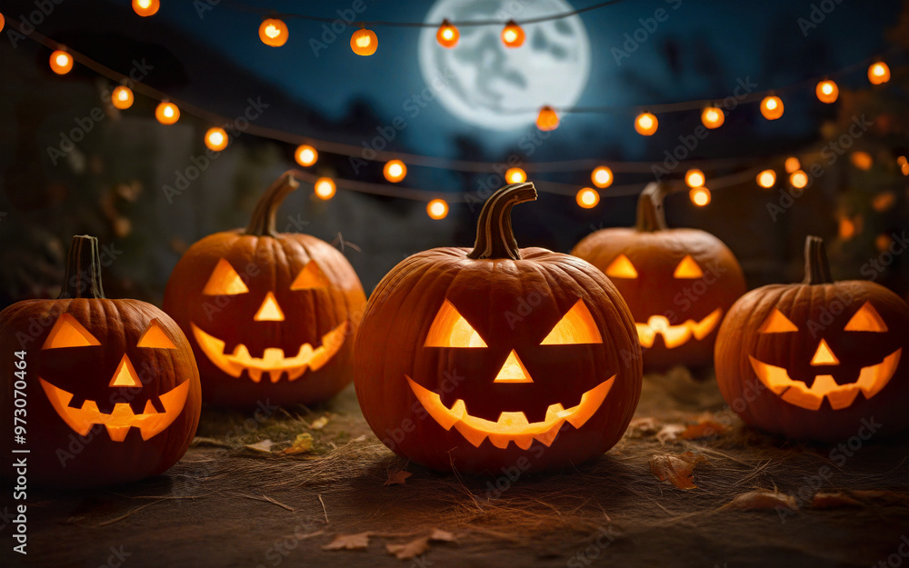 Fototapeta premium glowing halloween pumpkins on blurred background, halloween holiday