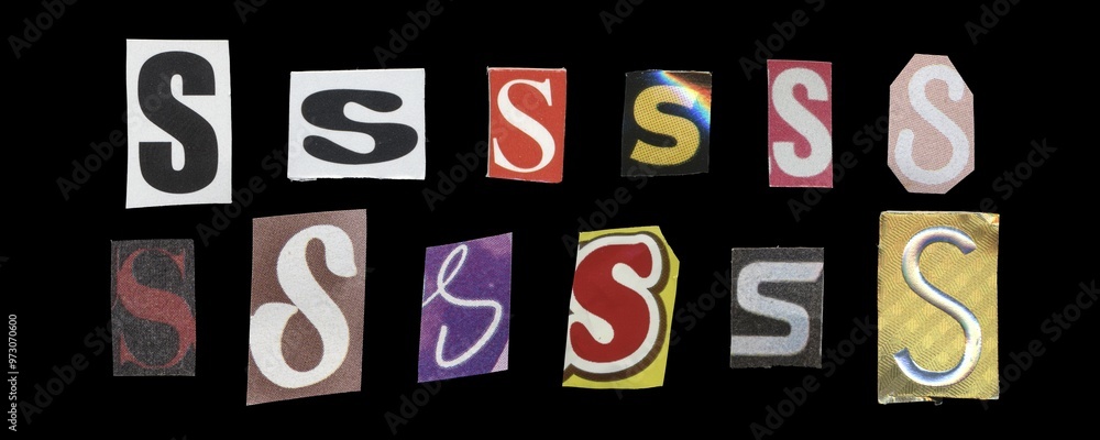 Set of cut-out letter “S” from magazines on a black background, retro y2k style symbols for collage Set of cut-out letter “S” from magazines on a black background, retro y2k style symbols for collage