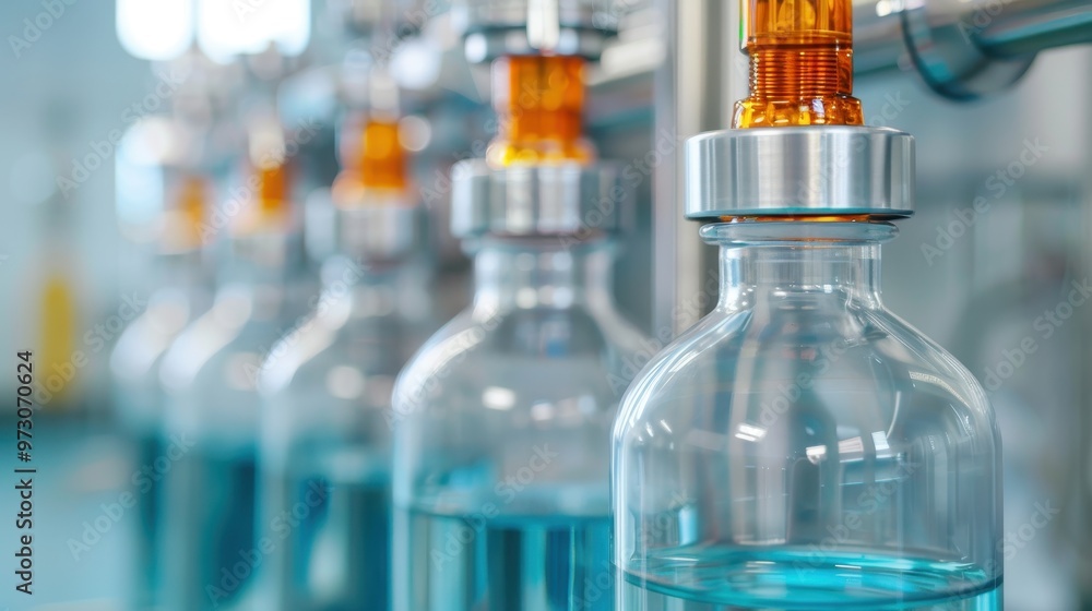 Close-up view of pharmaceutical vials filled with liquid on a sterile filling line in a manufacturing facility, showcasing precision and cleanliness in medicine production. Close-up view of pharmaceutical vials filled with liquid on a sterile filling line in a manufacturing facility, showcasing precision and cleanliness in medicine production.