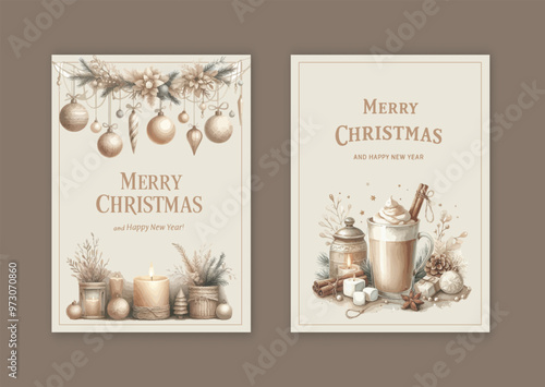 Merry Christmas and Happy New Year watercolor poster. Cozy and Warm feeling for the Holidays.