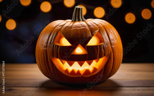 glowing halloween pumpkins on bokeh background, close up, halloween holiday