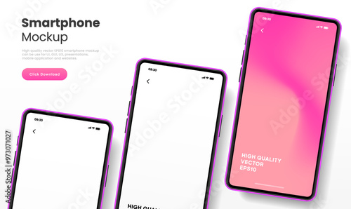Realistic smartphone mockup. Mobile phone vector with isolated on white background. Device front view. 3D mobile phone with shadow. Realistic, high quality smart phone mockup for ui ux presentation.