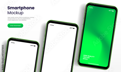 Realistic smartphone mockup. Mobile phone vector with isolated on white background. Device front view. 3D mobile phone with shadow. Realistic, high quality smart phone mockup for ui ux presentation.