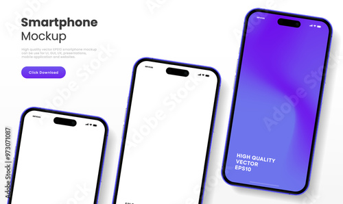 Realistic smartphone mockup. Mobile phone vector with isolated on white background. Device front view. 3D mobile phone with shadow. Realistic, high quality smart phone mockup for ui ux presentation.
