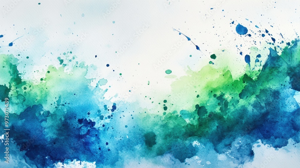 Abstract watercolor background with splashes of blue and green, blending together on textured paper. - Abstract watercolor background with splashes of blue and green, blending together on textured paper. -