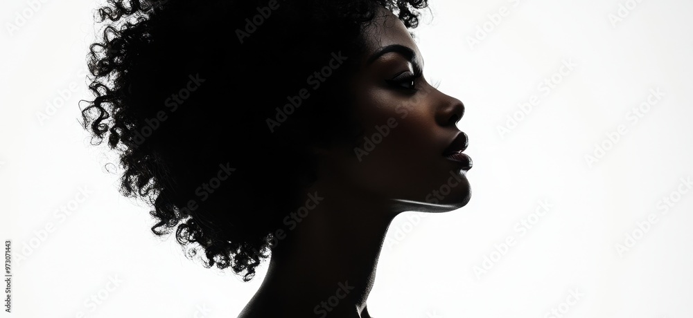 A black silhouette of an African American woman with curly hair, looking slightly to the side against a white background Generative AI A black silhouette of an African American woman with curly hair, looking slightly to the side against a white background Generative AI