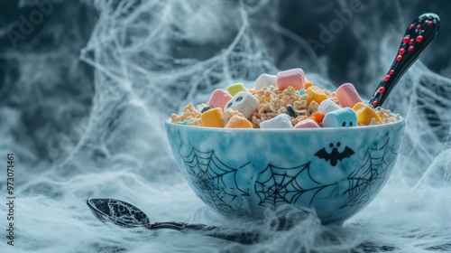 A Halloween-themed cereal bowl with themed marshmallows and spooky spoon, styled with cobwebs and a foggy backdrop