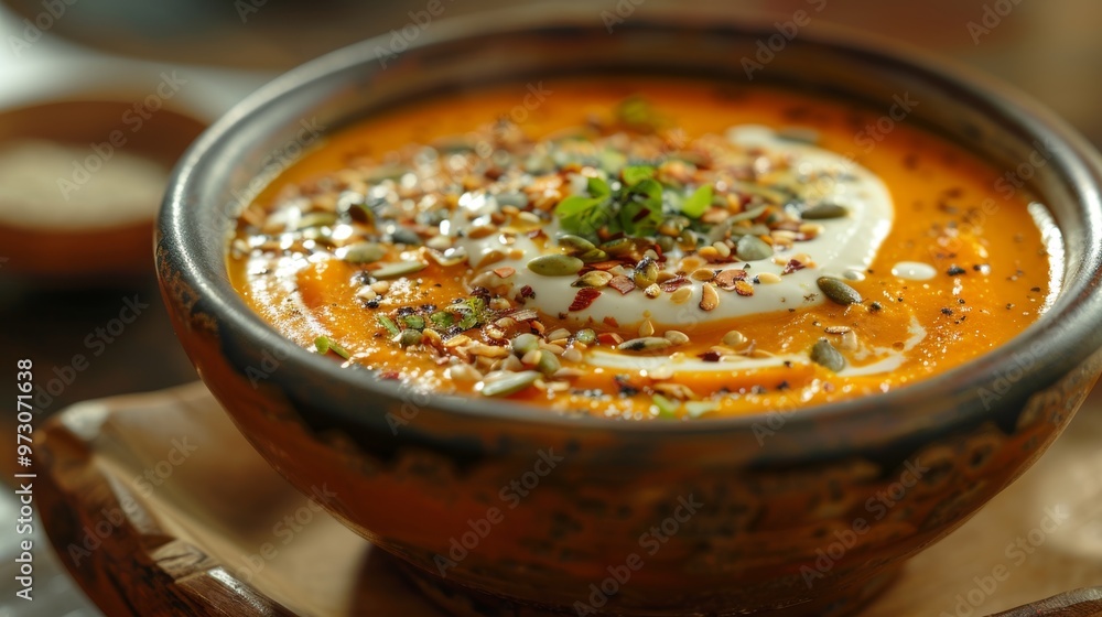Enjoy a mouthwatering bowl of creamy pumpkin soup that is beautifully garnished with seeds and aromatic spices Enjoy a mouthwatering bowl of creamy pumpkin soup that is beautifully garnished with seeds and aromatic spices