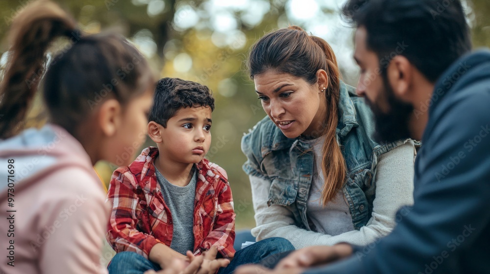 Migrant family discussing health issues with a volunteer, concerned look, outdoor setting Migrant family discussing health issues with a volunteer, concerned look, outdoor setting