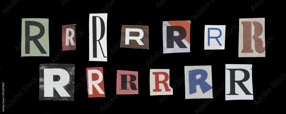 Set of cut-out letter “R” from magazines on a black background, retro y2k style symbols for collage Set of cut-out letter “R” from magazines on a black background, retro y2k style symbols for collage