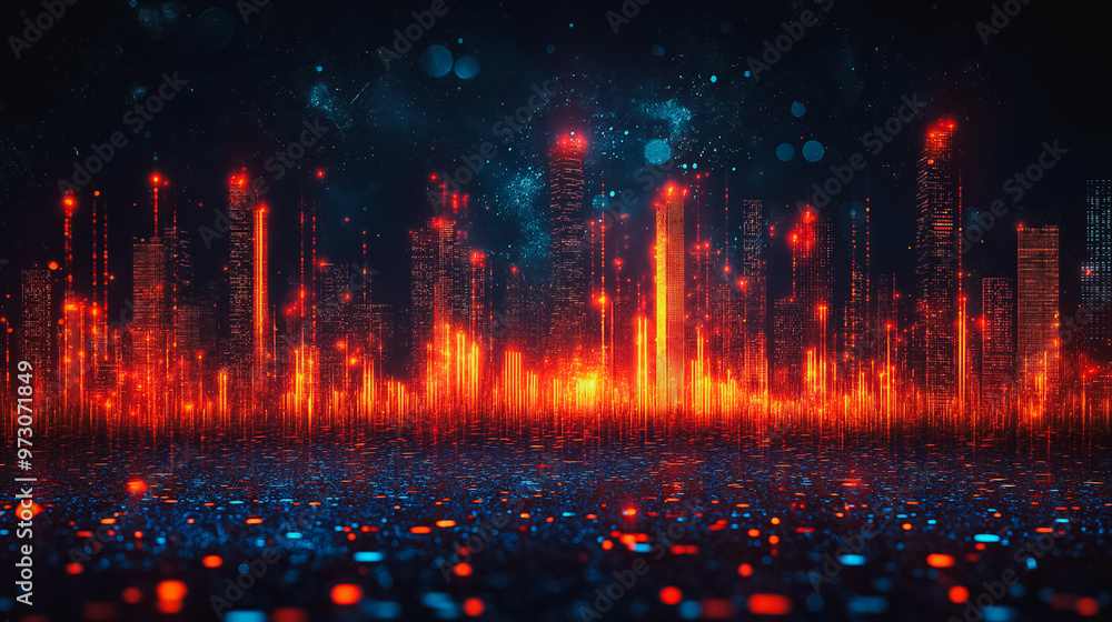Fototapeta premium A cityscape with many buildings and lights in the background. The city is lit up in red and blue colors