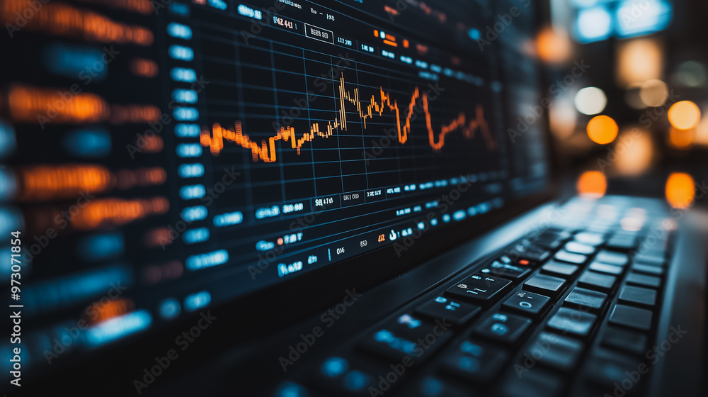 A computer screen shows a graph of stock prices. The graph is orange and black, with the orange lines representing the stock prices. Scene is serious and focused A computer screen shows a graph of stock prices. The graph is orange and black, with the orange lines representing the stock prices. Scene is serious and focused