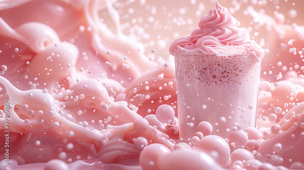 Pink milkshake with whipped cream in a glass surrounded by a splash of pink liquid. Pink milkshake with whipped cream in a glass surrounded by a splash of pink liquid.