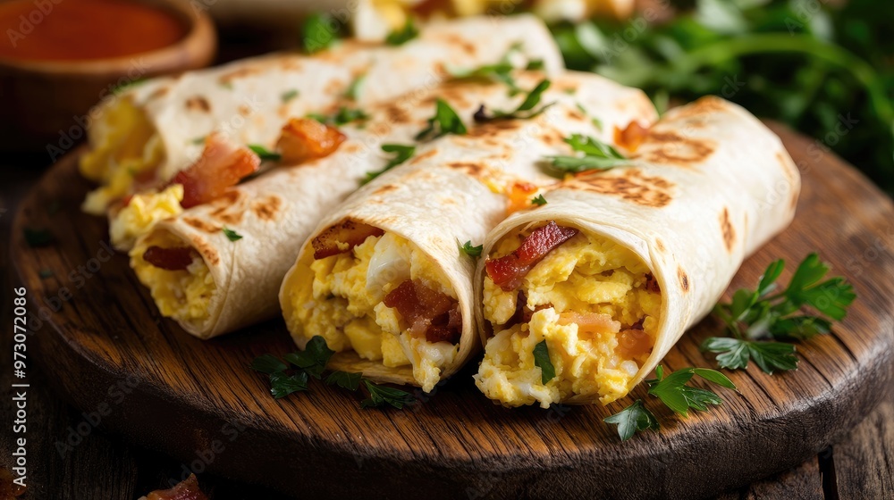 Warm breakfast burritos filled with eggs, bacon, and cheese, placed on a wooden plate with fresh herbs for a hearty morning meal Warm breakfast burritos filled with eggs, bacon, and cheese, placed on a wooden plate with fresh herbs for a hearty morning meal