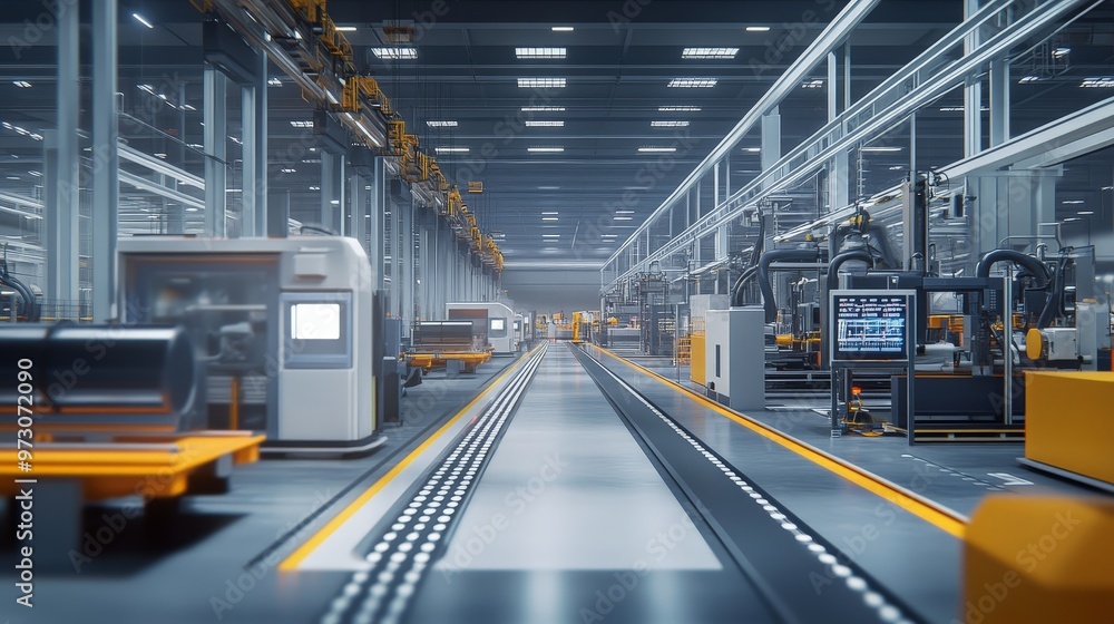 A high-tech manufacturing facility with automation and AI integration. The scene features robotic assembly lines, A high-tech manufacturing facility with automation and AI integration. The scene features robotic assembly lines,
