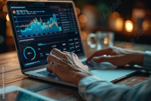 A person is focused on analyzing data displayed on a laptop, surrounded by a warm, inviting ambiance created by dim lights and candles at evening.