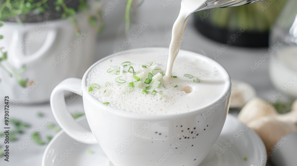 cup of milk being frothed with a scallion flavoring, preparing for a latte cup of milk being frothed with a scallion flavoring, preparing for a latte