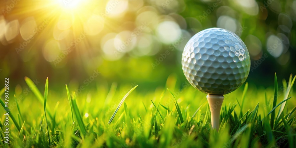 Golf ball on tee against green grass background Golf ball on tee against green grass background