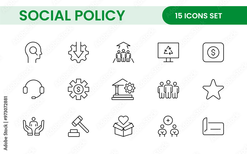 Set of Social Policy and Insuranceline icons. Outline icon collection related to education, insurance, law, goverment and more. Set of Social Policy and Insuranceline icons. Outline icon collection related to education, insurance, law, goverment and more.