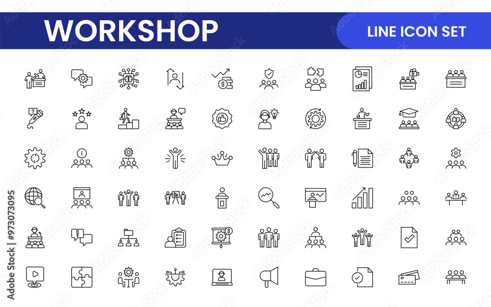Set of Workshop and Coaching line icons. Outline icon collection related to training, coaching, mentoring, education, meetings, conferences, and teamwork. Set of Workshop and Coaching line icons. Outline icon collection related to training, coaching, mentoring, education, meetings, conferences, and teamwork.