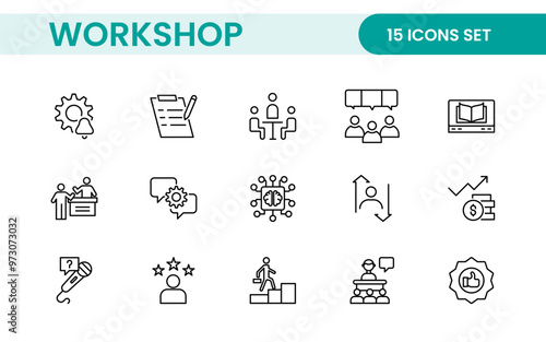 Set of Workshop and Coaching line icons. Outline icon collection related to training, coaching, mentoring, education, meetings, conferences, and teamwork.