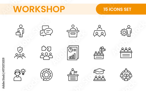 Set of Workshop and Coaching line icons. Outline icon collection related to training, coaching, mentoring, education, meetings, conferences, and teamwork.