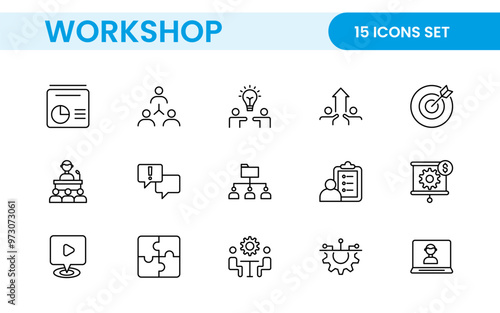 Set of Workshop and Coaching line icons. Outline icon collection related to training, coaching, mentoring, education, meetings, conferences, and teamwork.
