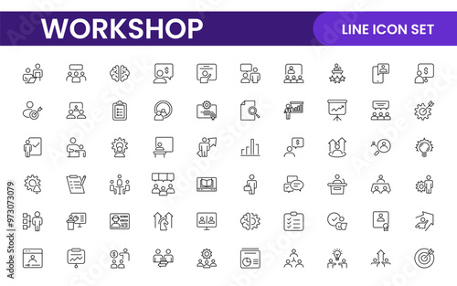 Set of Workshop and Coaching line icons. Outline icon collection related to training, coaching, mentoring, education, meetings, conferences, and teamwork.