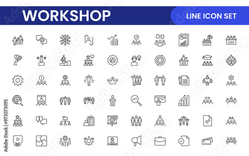 Set of Workshop and Coaching line icons. Outline icon collection related to training, coaching, mentoring, education, meetings, conferences, and teamwork.