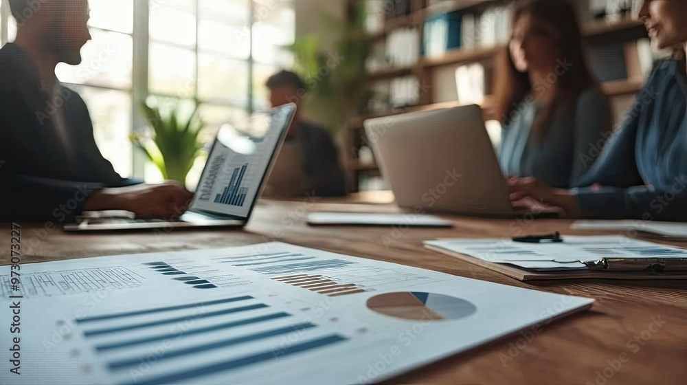 Business team discussing project strategy in a modern office with charts and laptops on the table. Business team discussing project strategy in a modern office with charts and laptops on the table.