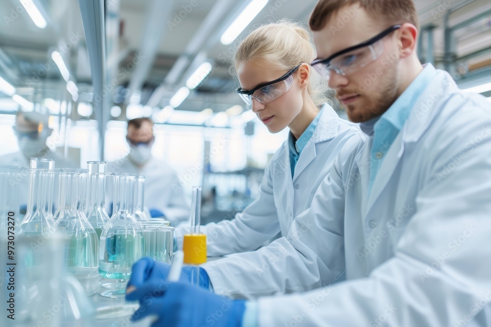 A scientist wearing protective eyewear and gloves working in a laboratory, surrounded by equipment and glassware, performing research or experiments. A scientist wearing protective eyewear and gloves working in a laboratory, surrounded by equipment and glassware, performing research or experiments.