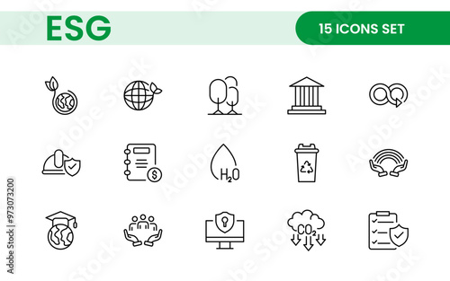 ESG flat line icon set. Outline icon collection related to ecology, environment social governance, risk management, sustainable developmen and more. photo