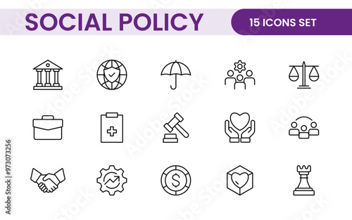 Set of Social Policy and Insuranceline icons. Outline icon collection related to education, insurance, law, goverment and more.