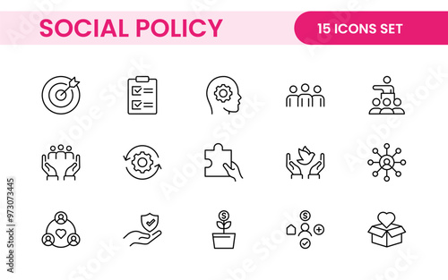 Set of Social Policy and Insuranceline icons. Outline icon collection related to education, insurance, law, goverment and more.
