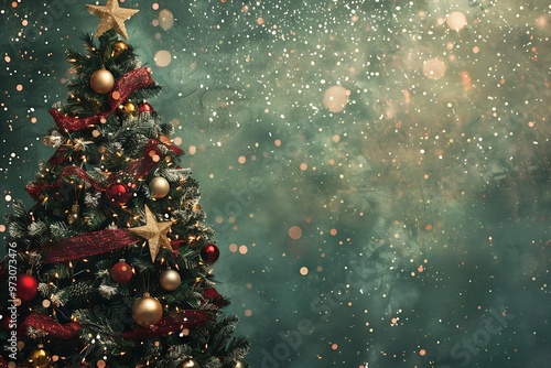 A beautifully decorated Christmas tree with ornaments and presents, set in a snowy forest, creating a festive and magical holiday scene .,Beautiful bright Christmas background,
