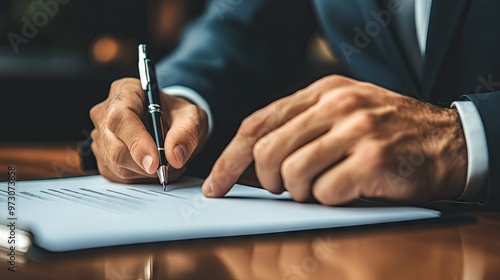 Close-up of a businessman hand signing a contract, symbolizing the finalization of a deal. photo